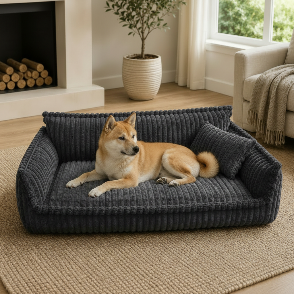 Luxury Corduroy Dog Sofa Bed Orthopedic Washable Calming Pet Bed for Large Medium Small Dogs Soft Plush Dog Couch Indoor Dog Bed