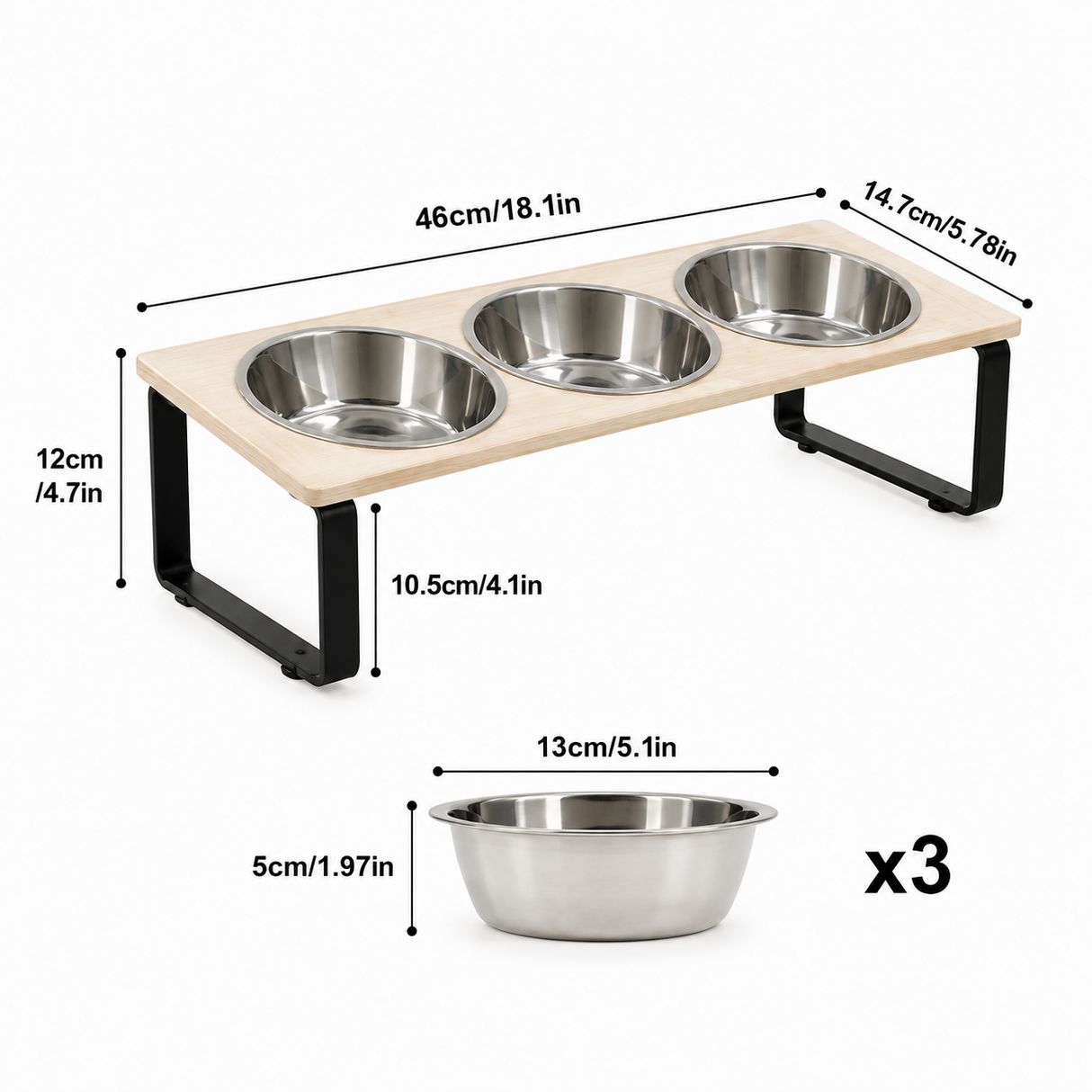 3-Bowl Raised Dog & Cat Feeder