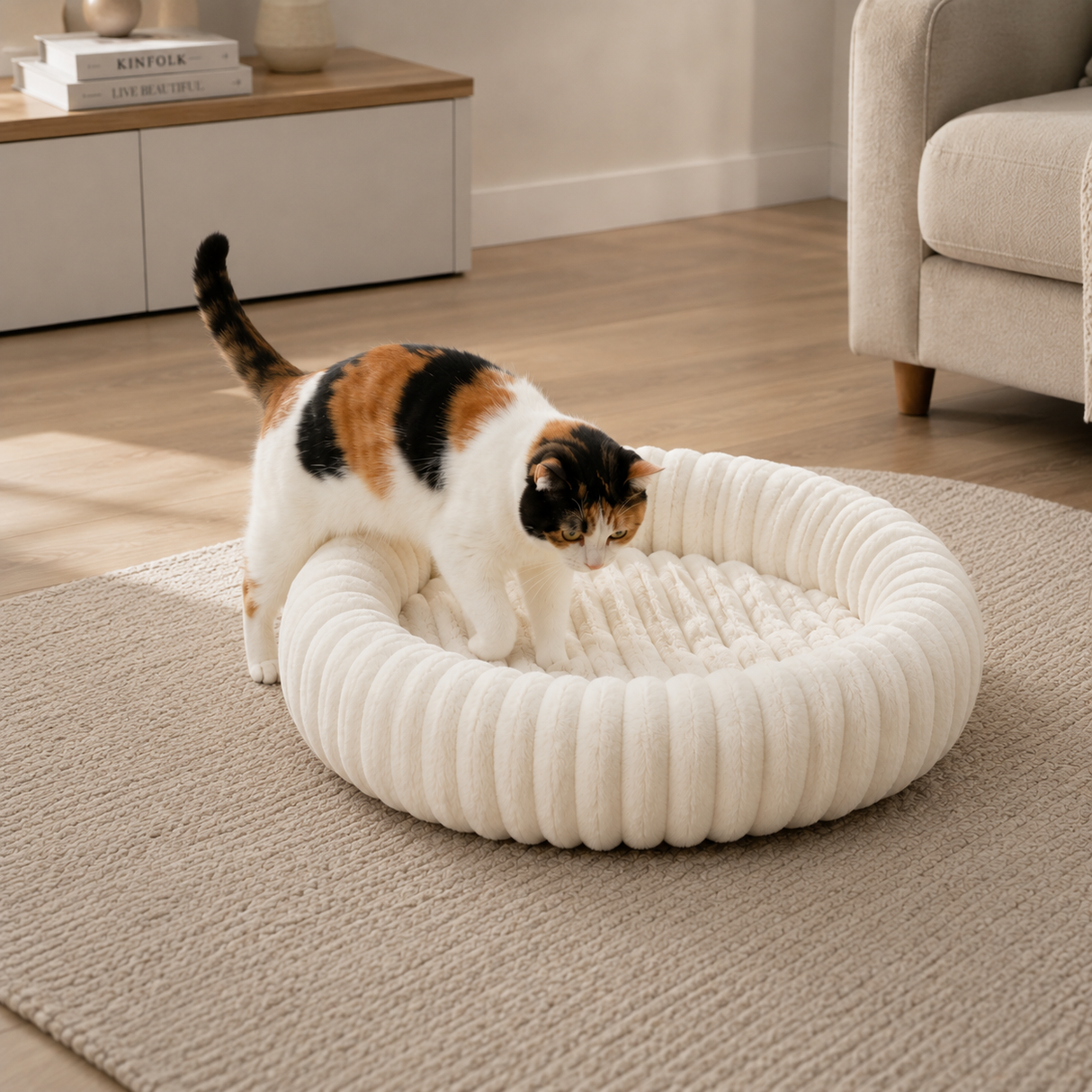 Plush Ribbed Donut Cat Bed