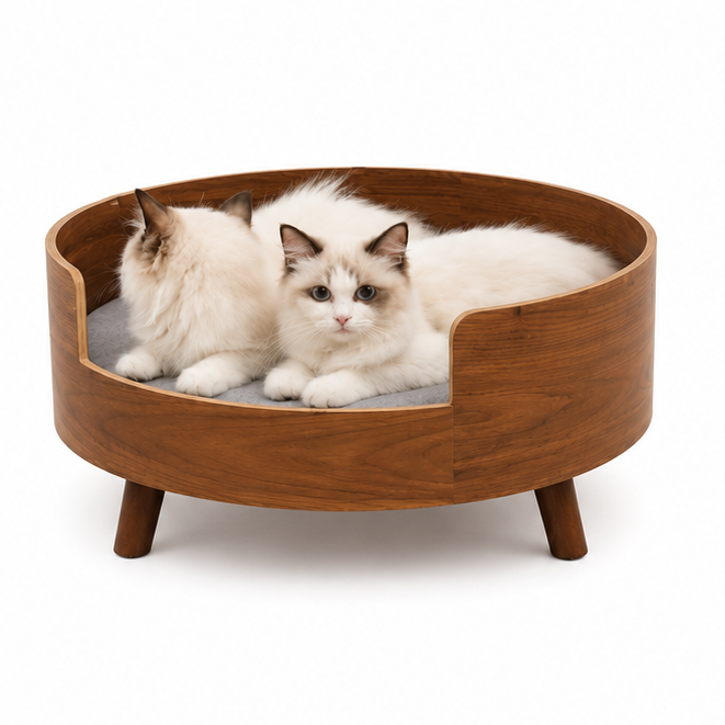 Round Wooden Cat Bed Luxury Elevated Cat Bed Modern Indoor Cat House Cozy Cat Sofa Bed Wooden Pet Bed for Cats Kittens