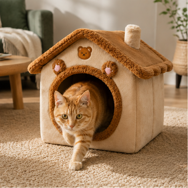 Mira House-Shaped Bear Velvet Anti-Slip Dotted Fabric Dog Bed & Cat Bed For Bedroom