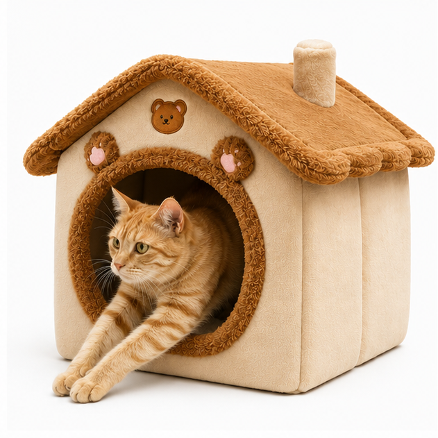 Mira House-Shaped Bear Velvet Anti-Slip Dotted Fabric Dog Bed & Cat Bed For Bedroom