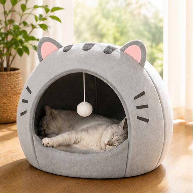 Cartoon Cat Bed Plush Cat Cave House Cozy Indoor Cat Bed Soft Kitten Bed Pet Tent for Small Cats Puppies and Small Dogs