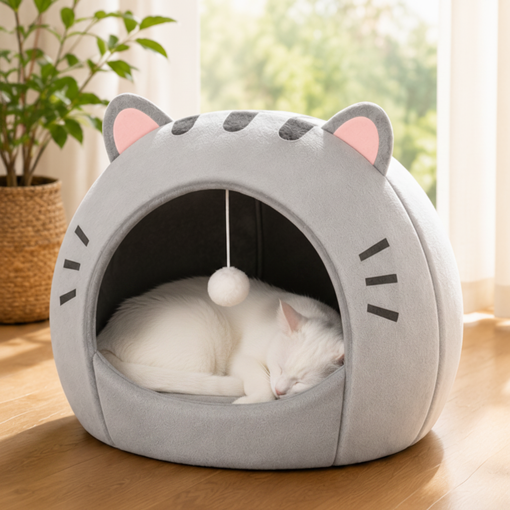 Cartoon Cat Bed Cozy Plush Cat Cave House