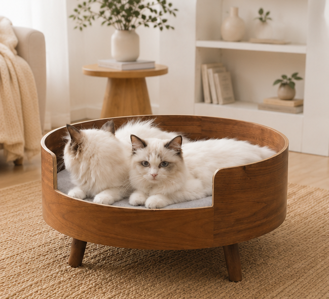 Round Wooden Cat Bed Luxury Elevated Cat Bed Modern Indoor Cat House Cozy Cat Sofa Bed Wooden Pet Bed for Cats Kittens
