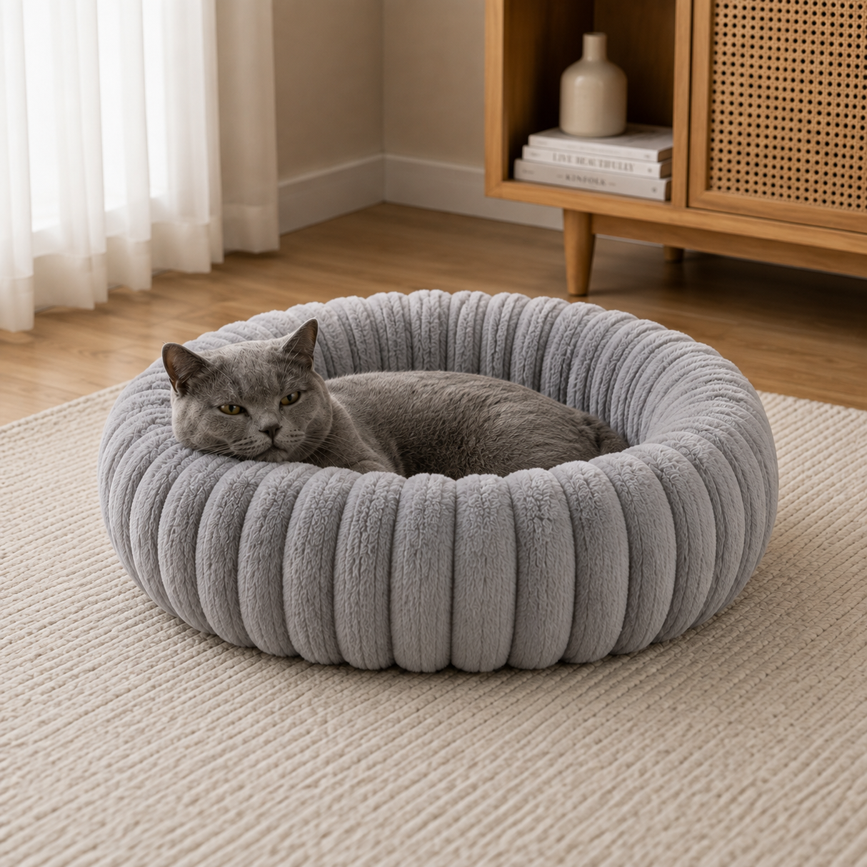 Plush Ribbed Donut Cat Bed