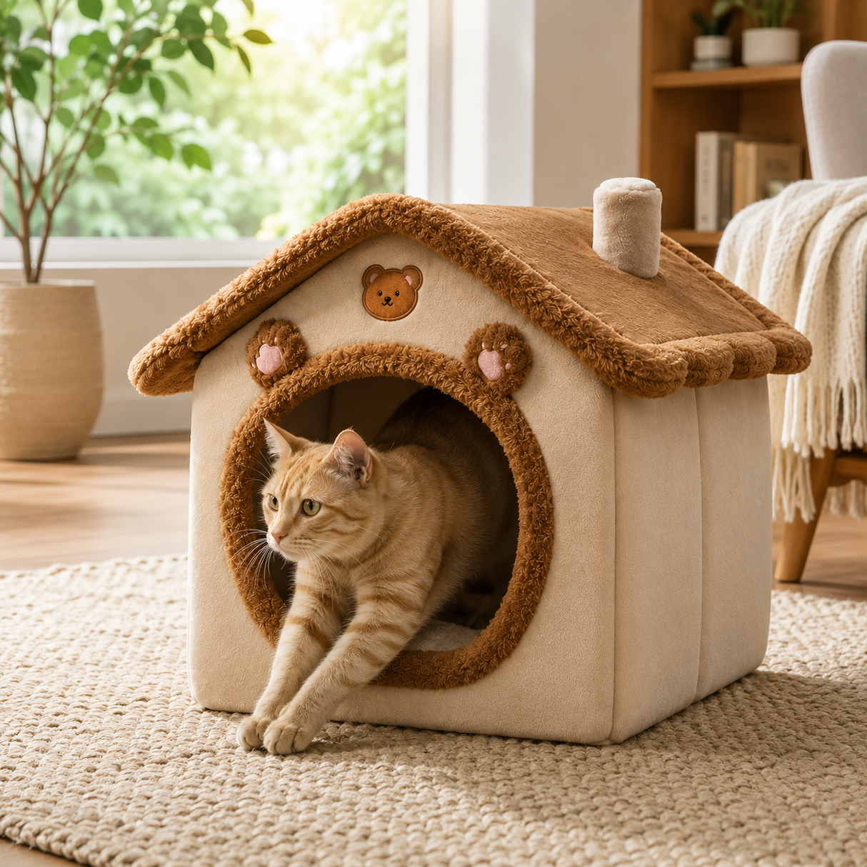 Mira House-Shaped Bear Velvet Anti-Slip Dotted Fabric Dog Bed & Cat Bed For Bedroom