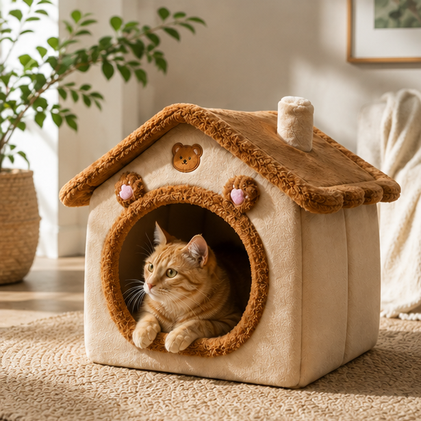 Mira House-Shaped Bear Velvet Anti-Slip Dotted Fabric Dog Bed & Cat Bed For Bedroom