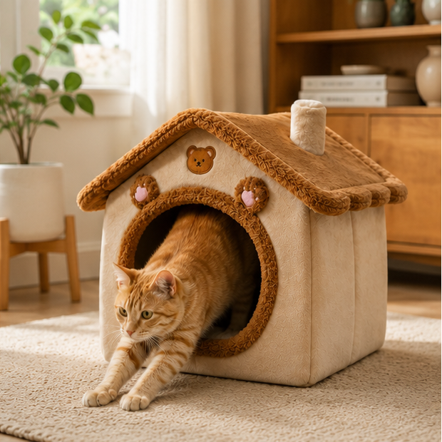 Mira House-Shaped Bear Velvet Anti-Slip Dotted Fabric Dog Bed & Cat Bed For Bedroom